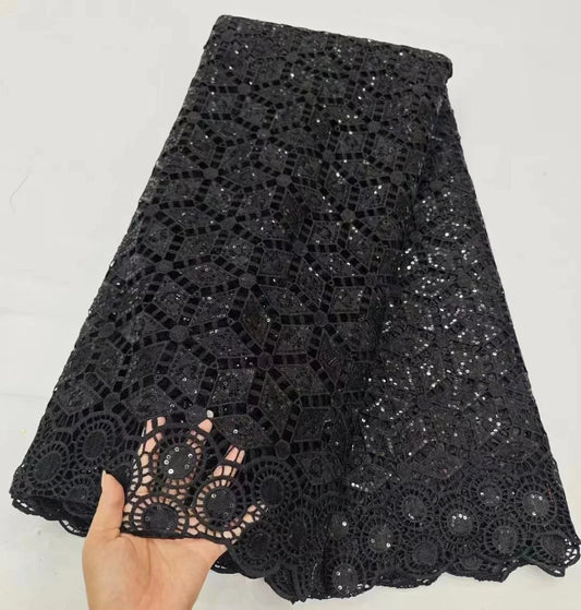 New Black Sequins African Guipure Cord Lace Fabric 2024 High Quality Nigerian Water Soluble Lace Fabric For Party Dress PHD24109