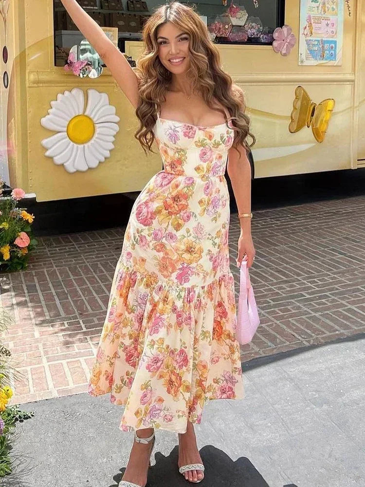 Suninheart Blue Midi Floral Print Women's Summer Dress Elegant Long Casual Holiday Party Dress Streetwear New In Dresses 2023