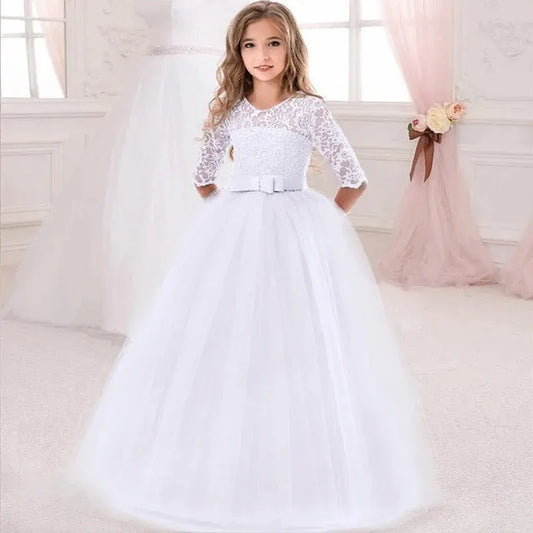 Long Sleeve White Lace Bridesmaid Dresses For Girls Children Formal Evening Gown Elegant Kids Girl Birthday Wedding Party Dress