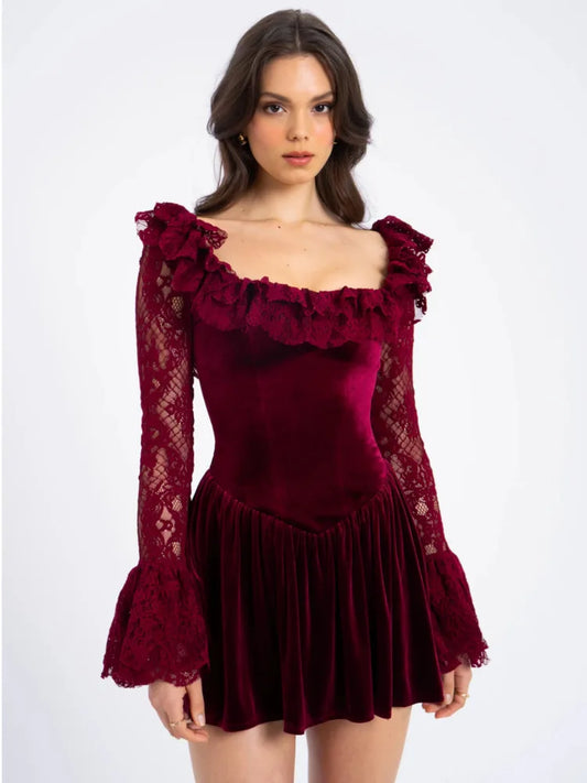 Mozision Lace Flare Long Sleeve Sexy Mini Dress For Women Elegant Burgundy Lace-up Square Collar Backless Club Party Dress