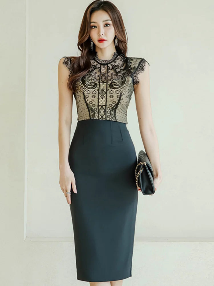 Elegant Office Lady Dress Summer Korean Version Black Lace Splicing Stand Neck Sleeveless High Waist Sheath Party Dress Women