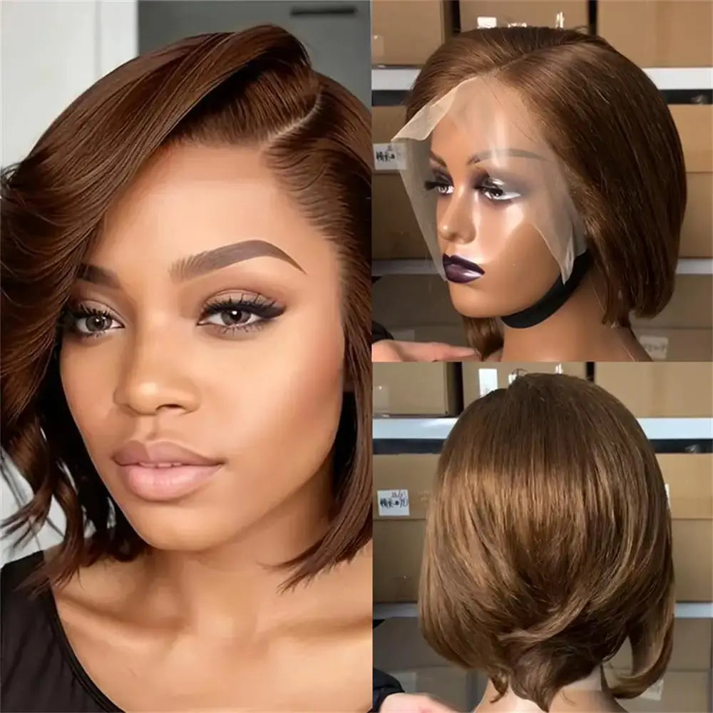 13×4 Frontal Transparent Lace Wigs Short Straight Pixie Human Hair Wig 6inch 180% Density Remy Hair Suitable For Women To Use  ﻿