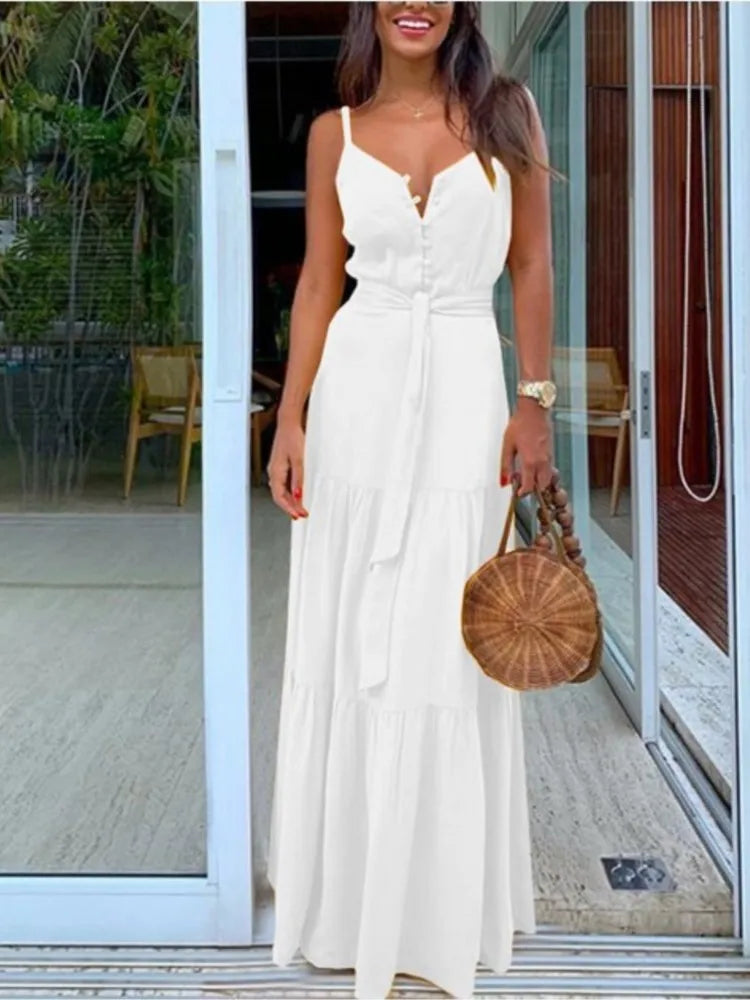 Sexy Spaghetti Strap Maxi Dress Women Summer Button With Belt White Dresses Big Hem Patchwork Beach Party Dress Boho Sling Robe