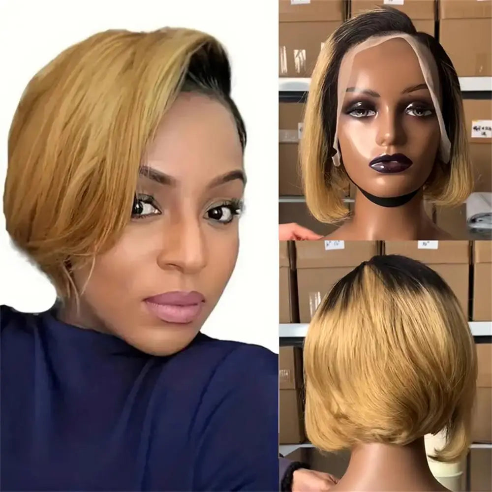 13×4 Frontal Transparent Lace Wigs Short Straight Pixie Human Hair Wig 6inch 180% Density Remy Hair Suitable For Women To Use  ﻿