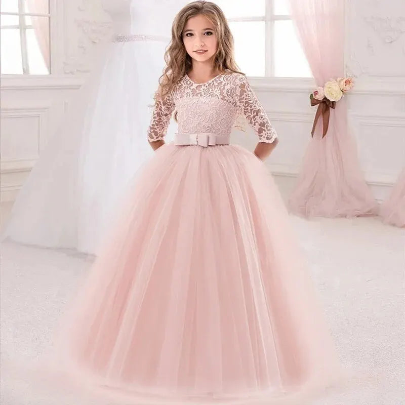 Long Sleeve White Lace Bridesmaid Dresses For Girls Children Formal Evening Gown Elegant Kids Girl Birthday Wedding Party Dress