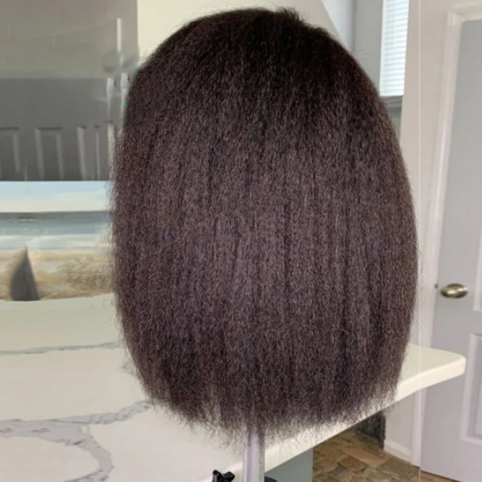 Kinky Straight Short Bob 100% Human Hair Wig for Women 13x4 Front Transparent Lace Glueless Peruvain Remy Hair Soft Yaki Bob Wig