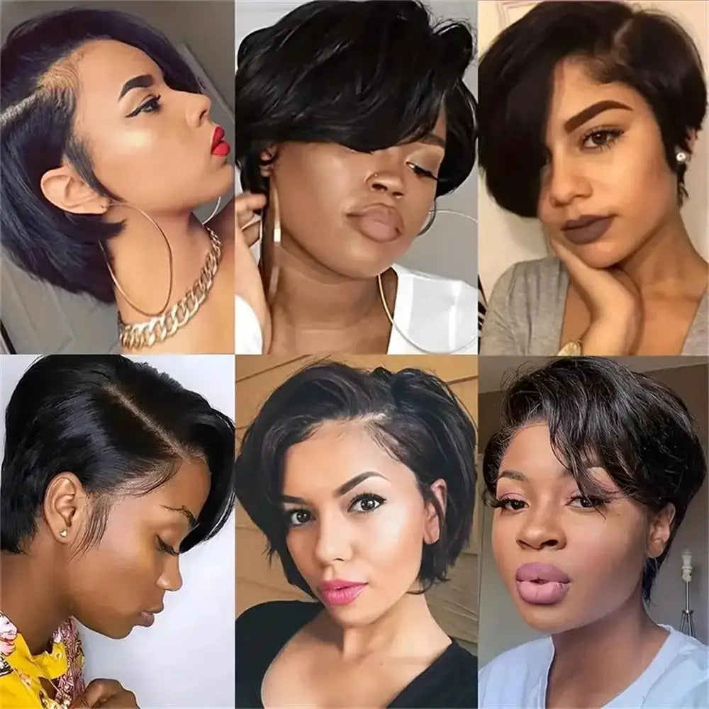 13×4 Frontal Transparent Lace Wigs Short Straight Pixie Human Hair Wig 6inch 180% Density Remy Hair Suitable For Women To Use  ﻿