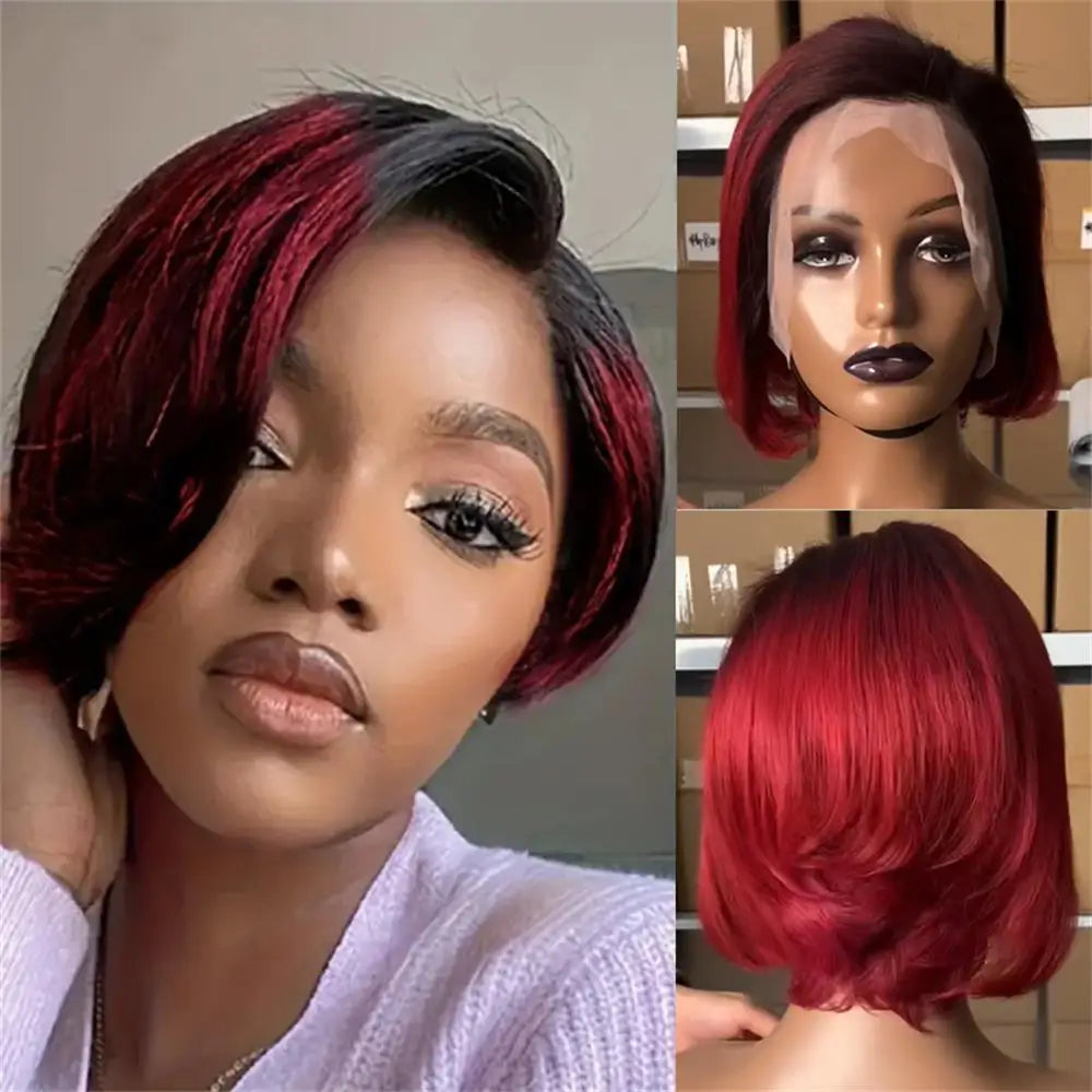 13×4 Frontal Transparent Lace Wigs Short Straight Pixie Human Hair Wig 6inch 180% Density Remy Hair Suitable For Women To Use  ﻿