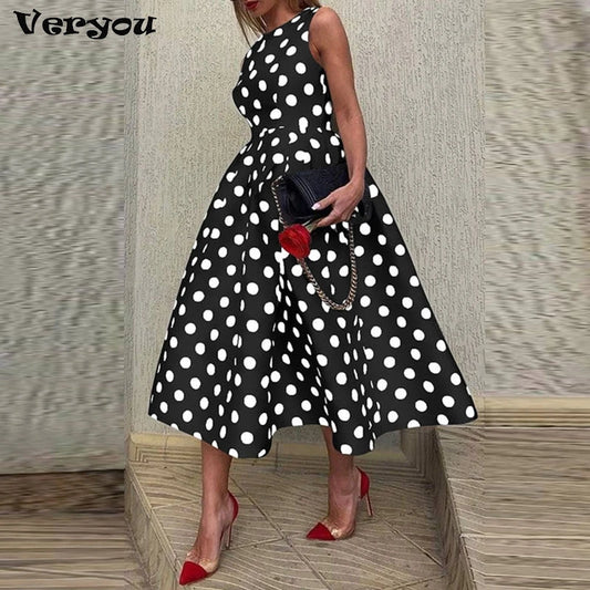 New Summer Party Dress Women 2024 Bohemian Point Dot Printed Dress Elegant Sexy Sleeveless Pleated Casual Beach Vestidos