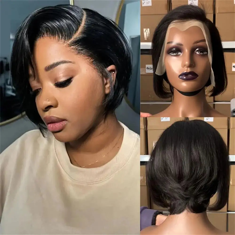 13×4 Frontal Transparent Lace Wigs Short Straight Pixie Human Hair Wig 6inch 180% Density Remy Hair Suitable For Women To Use  ﻿