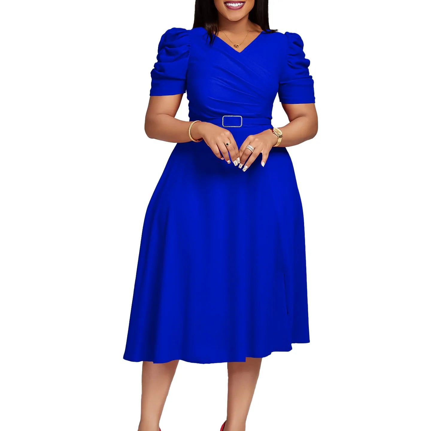 Women Spring Dress Ladies Casual Plus Size Slim Office Dress Retro Elegant V-Neck High Waist Blue Short Sleeve Party Dress