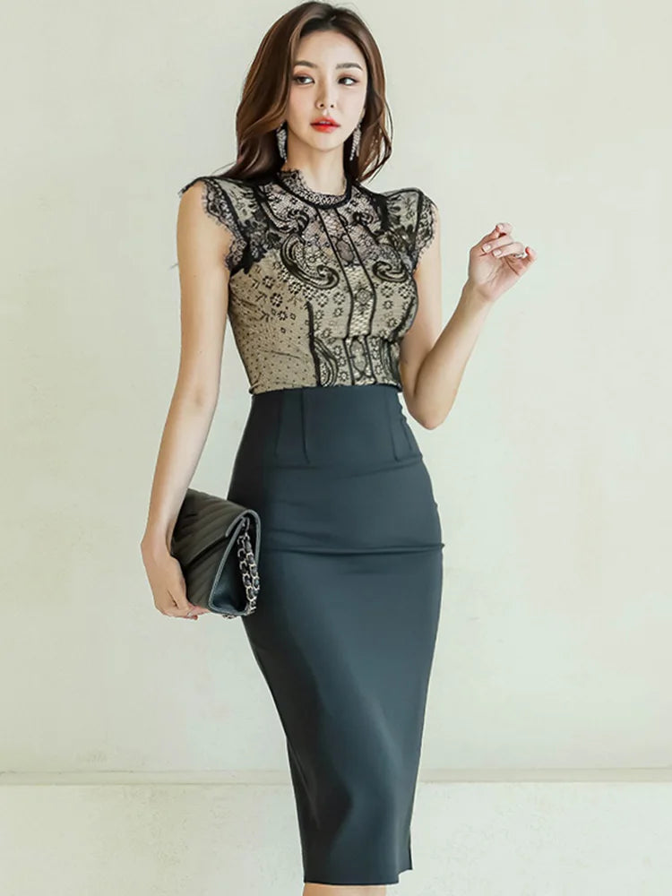 Elegant Office Lady Dress Summer Korean Version Black Lace Splicing Stand Neck Sleeveless High Waist Sheath Party Dress Women