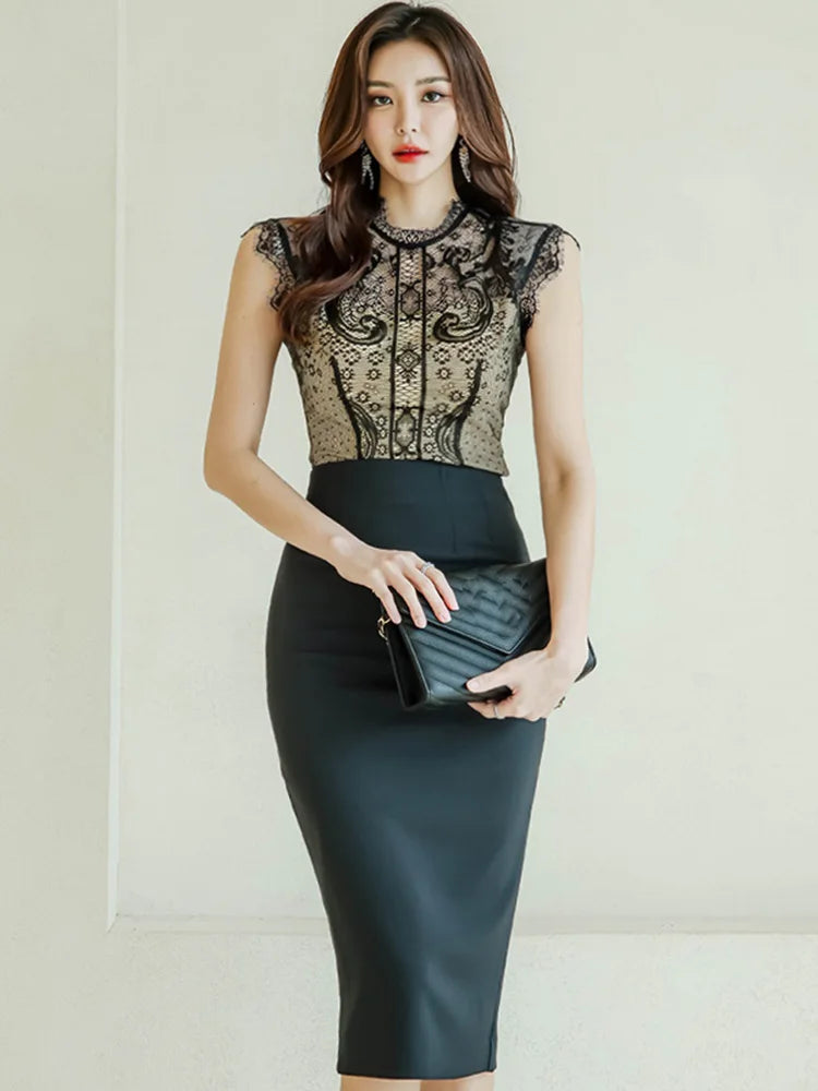 Elegant Office Lady Dress Summer Korean Version Black Lace Splicing Stand Neck Sleeveless High Waist Sheath Party Dress Women