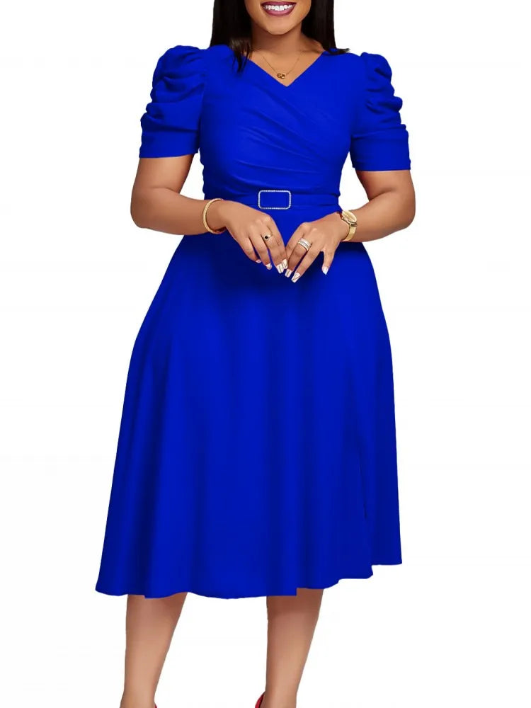 Women Spring Dress Ladies Casual Plus Size Slim Office Dress Retro Elegant V-Neck High Waist Blue Short Sleeve Party Dress